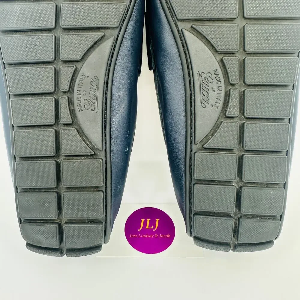 Gucci Men's Microguccissima Navy Blue Leather Slip On Driver Loafers Size 9